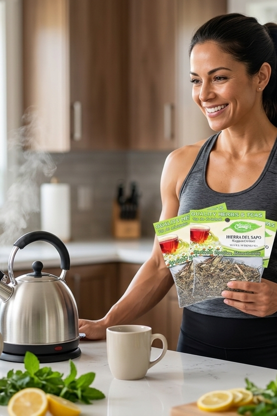 Woman in a kitchen holding packages of food, with a teapot and lemon on the counter.