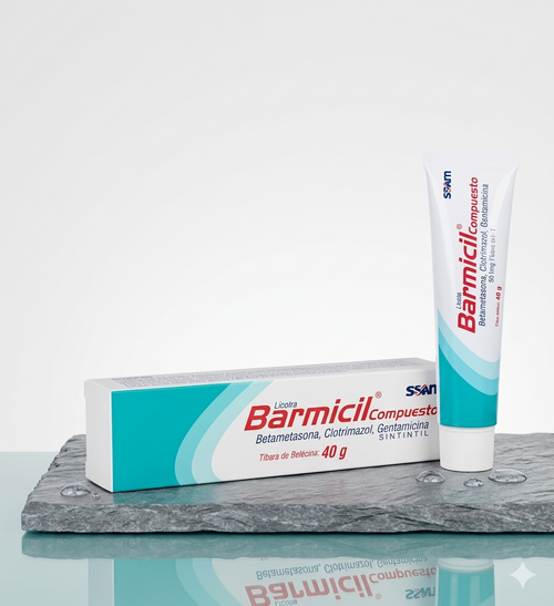 Barmicil cream tube and box on a gray surface with a white background