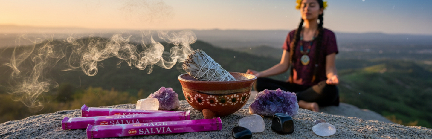 Bilingual HEM Sage Salvia Incense sticks and display box on a mountain summit with a young Latina healer in Nuevo California.