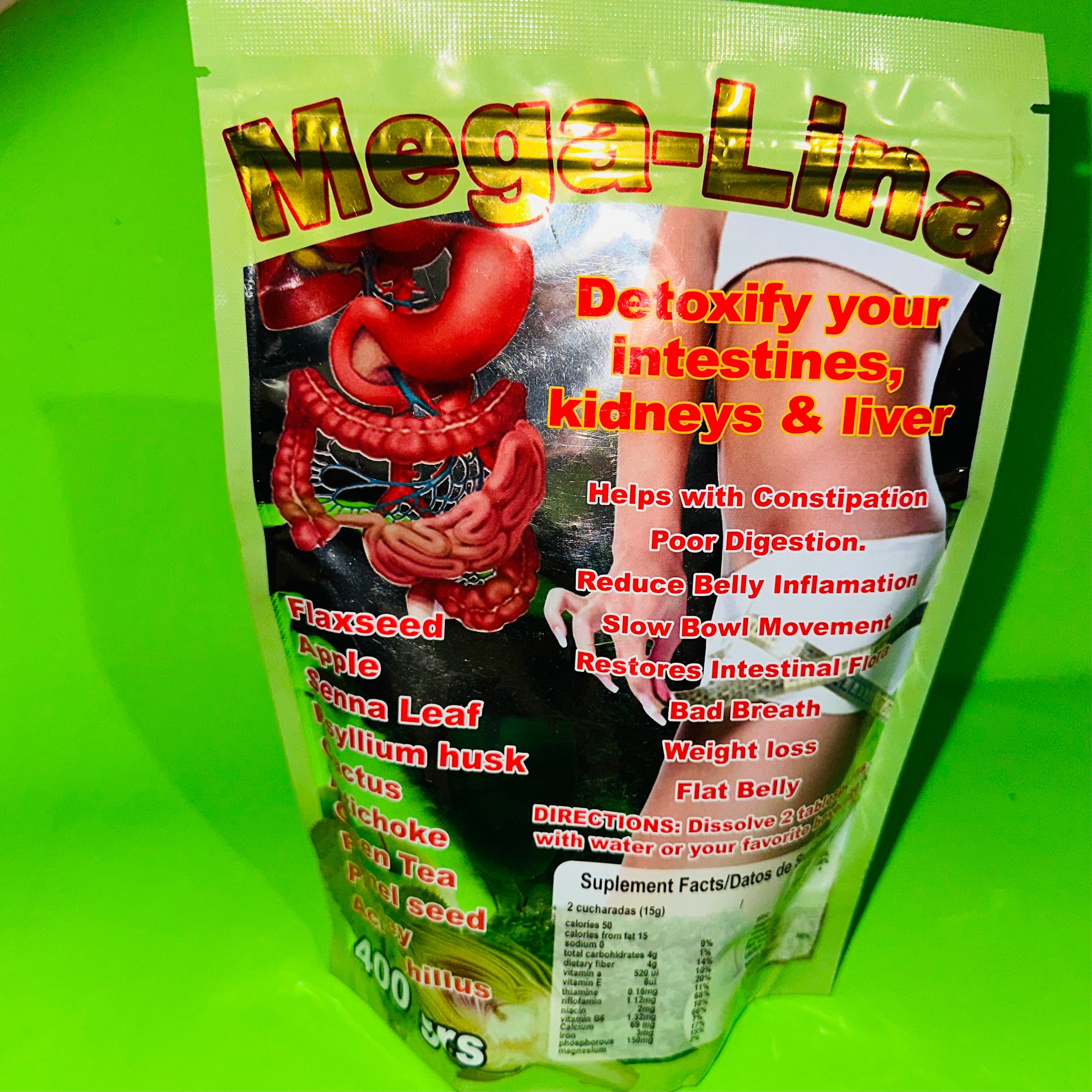 Mega-Lina Detoxify your intestines kidneys & liver 400 grs Limpiador de sus Intestinos, Riñones y Hígado