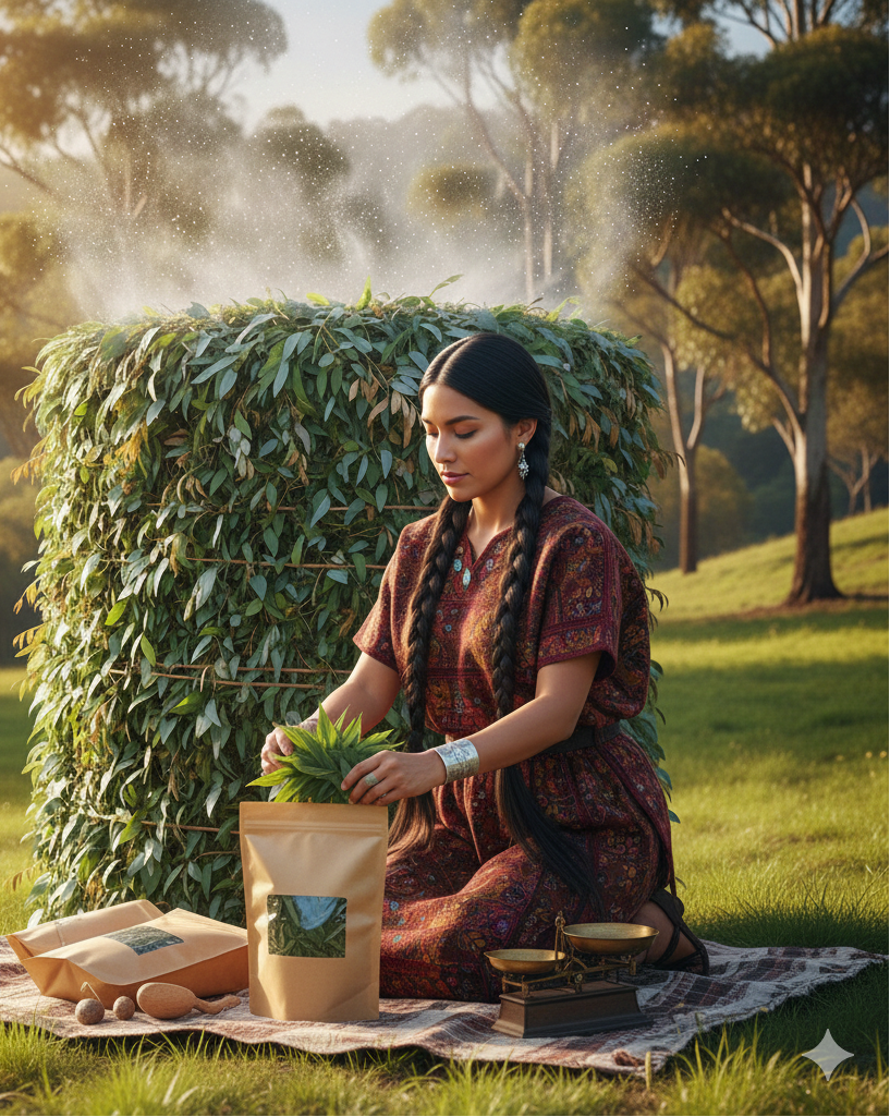 Woman in a patterned dress sitting on a blanket with a package of tea in a natural setting