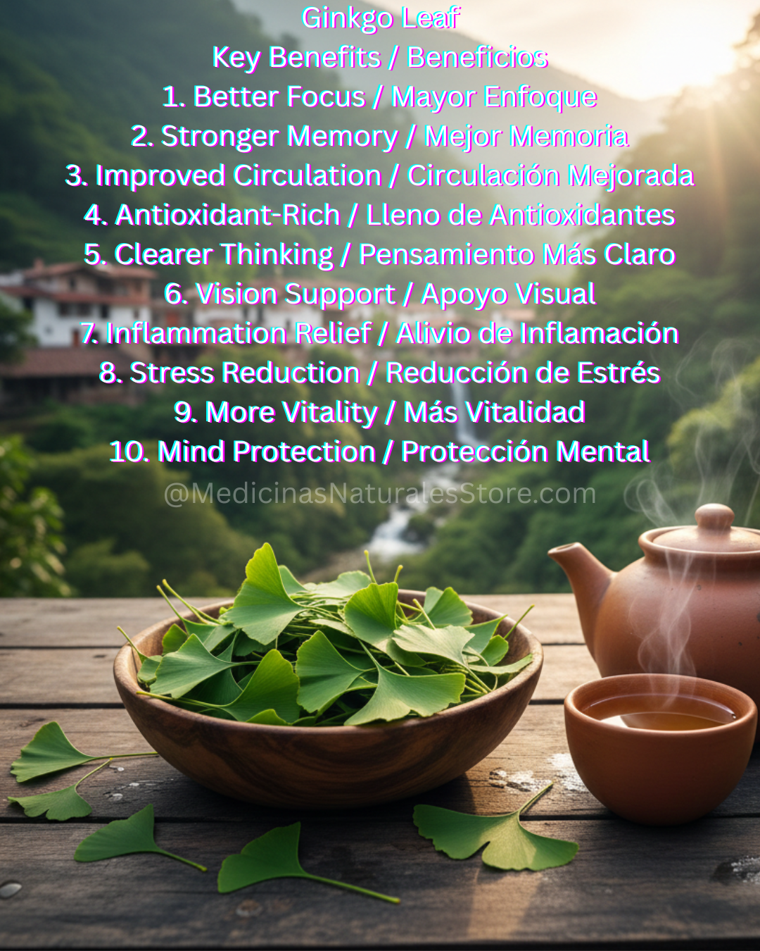 Fresh Organic Gingko Biloba leaves in a rustic wooden bowl with a steaming clay teapot, overlooking a traditional Mexican village at sunrise. Natural herbal medicine for memory and focus.