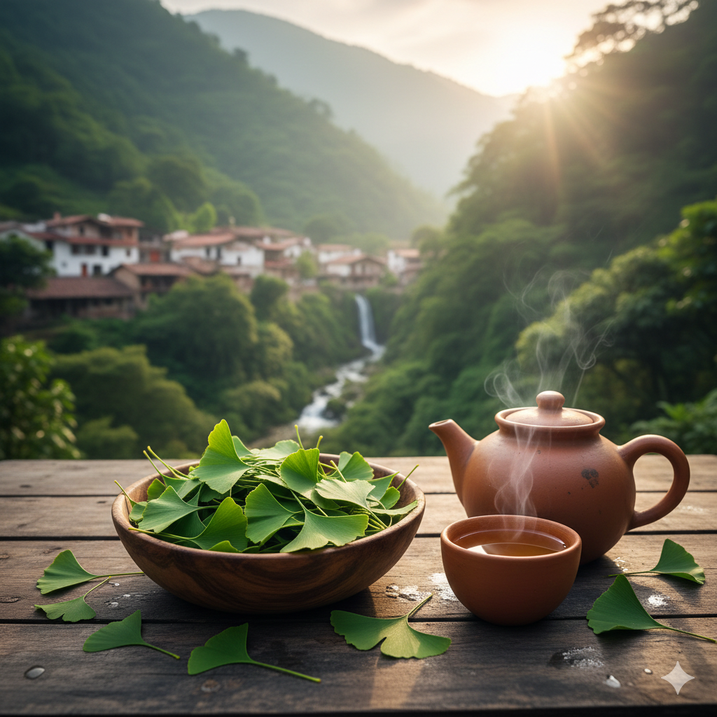 Premium Organic Gingko Leaf Tea in gold stand-up pouches and wooden bowl, set against a lush Mexican mountain landscape. Available in bulk 5lb and 10lb Master Reserve sizes from Medicinas Naturales.