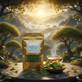 Gingko leaf tea package with a scenic background of trees and mountains.