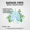 Diagram showing human lungs and eucalyptus leaves representing the cooling relief of Guayacol Forte.