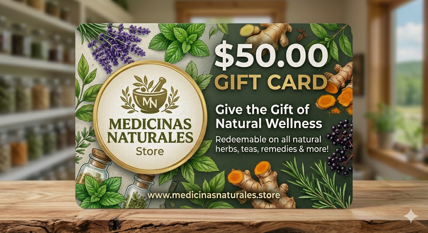Medicinas Naturales gift card with natural elements and a blurred store background