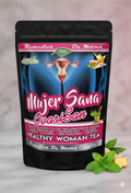 Tea package labeled 'Mujer Sana OvariSan' with herbs on a gray background