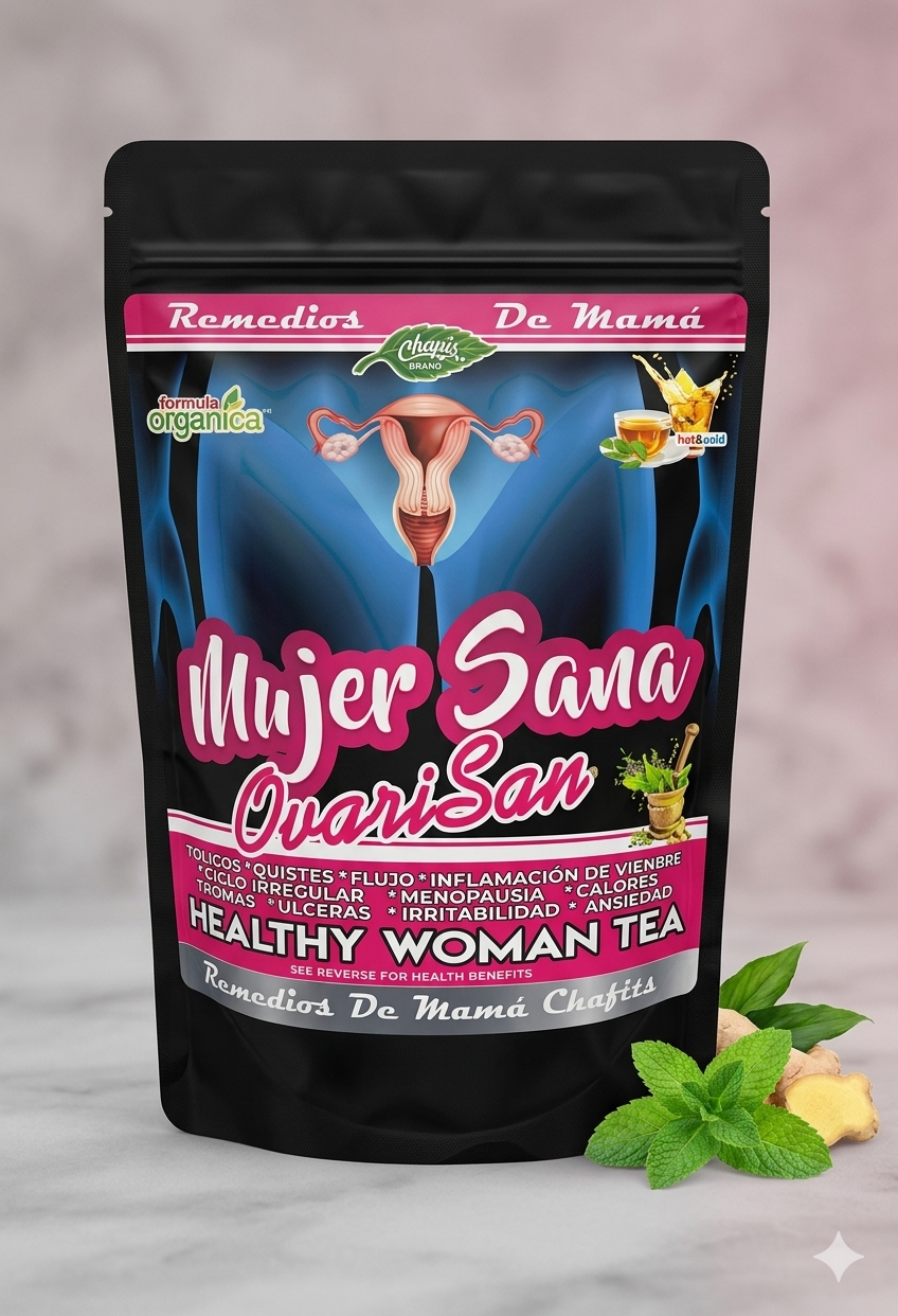 Tea package labeled 'Mujer Sana OvariSan' with herbs on a gray background