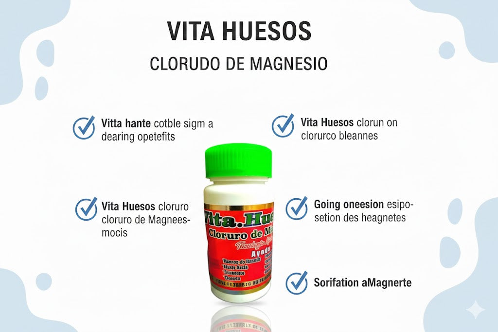 Vita Huesos Cloruro de Magnesio infographic showing bone health benefits and muscle relaxation support.