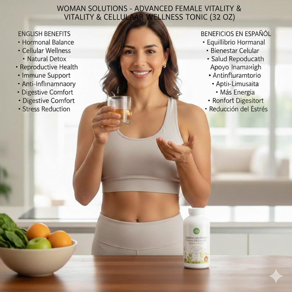 Woman Solutions Advanced Female Vitality Tonic with 10 botanical benefits for hormonal balance and wellness.