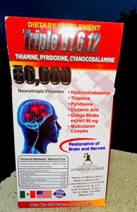 Triple B1, B6, B12 100 Tabletas de 500 mg 50,000 Vitaminas Neurotropas