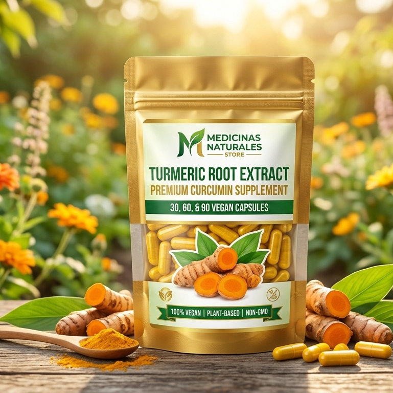 Supplement package with turmeric root on a wooden surface with a garden background