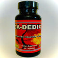 Bottle of CA-DEDIX dietary supplement with 60 capsules, promoting healthy flora. The label features red and black colors with text and an image of a flaming logo.
