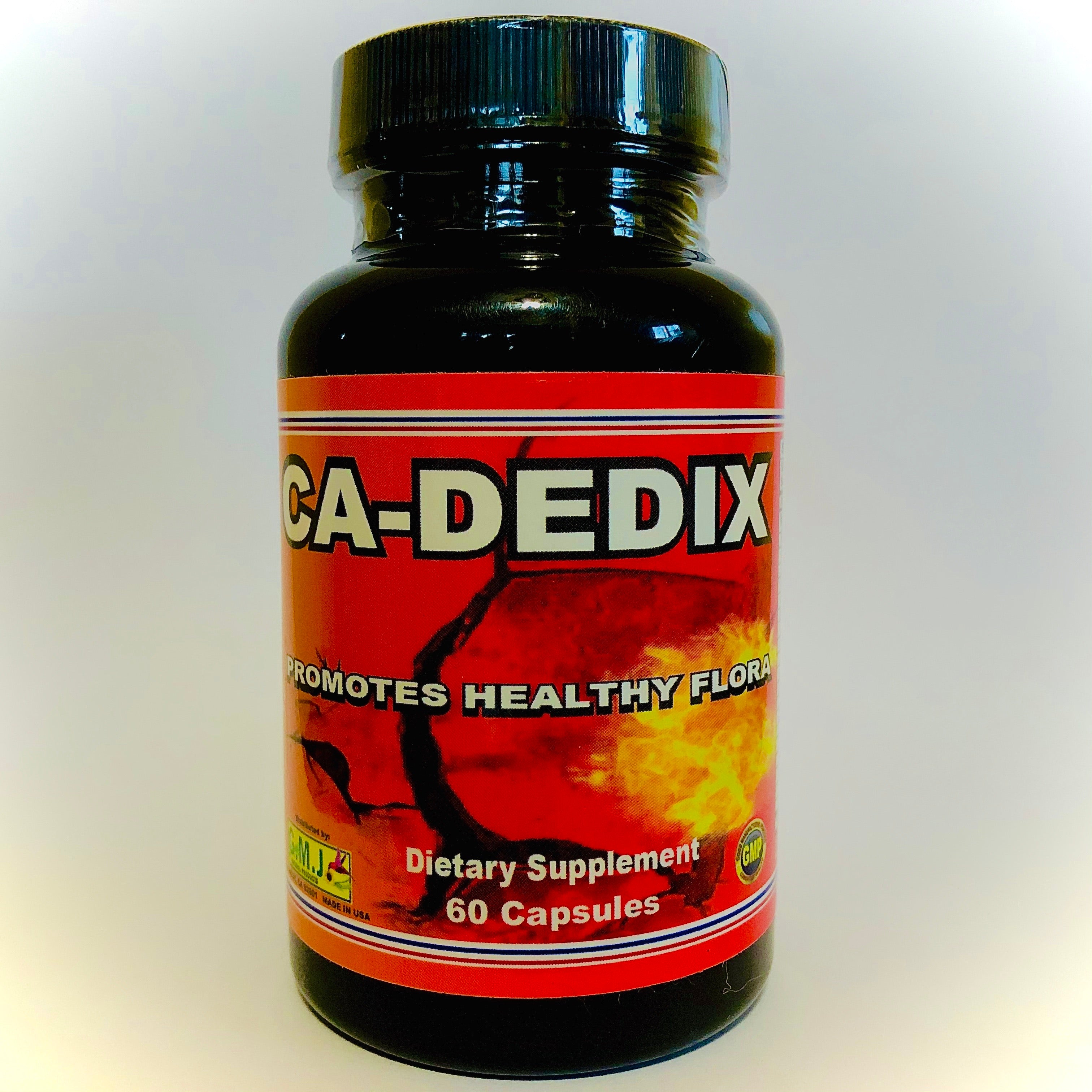 Bottle of CA-DEDIX dietary supplement with 60 capsules, promoting healthy flora. The label features red and black colors with text and an image of a flaming logo.