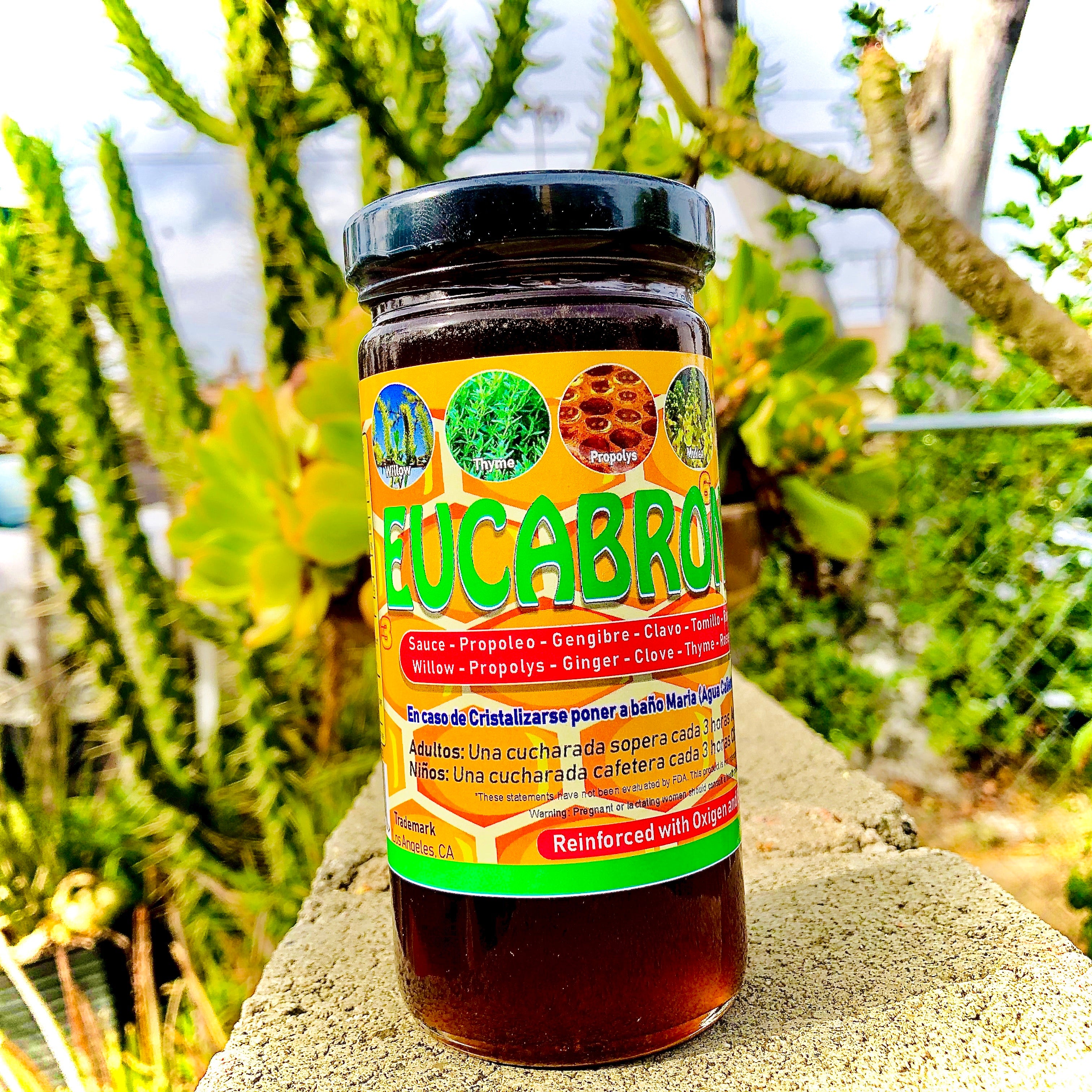 A jar of Eucabroncosol + PLUS honey displayed in front of a plant backdrop, with a label that includes the brand name and 'Reinforced with Eucalyptus and Oxygen' written on it.