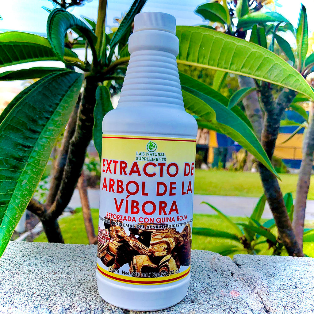 A white plastic bottle with a label featuring an illustration of a snake and text that reads 'Extracto de Arbol de la Víbora', indicating it is a snake tree extract product.