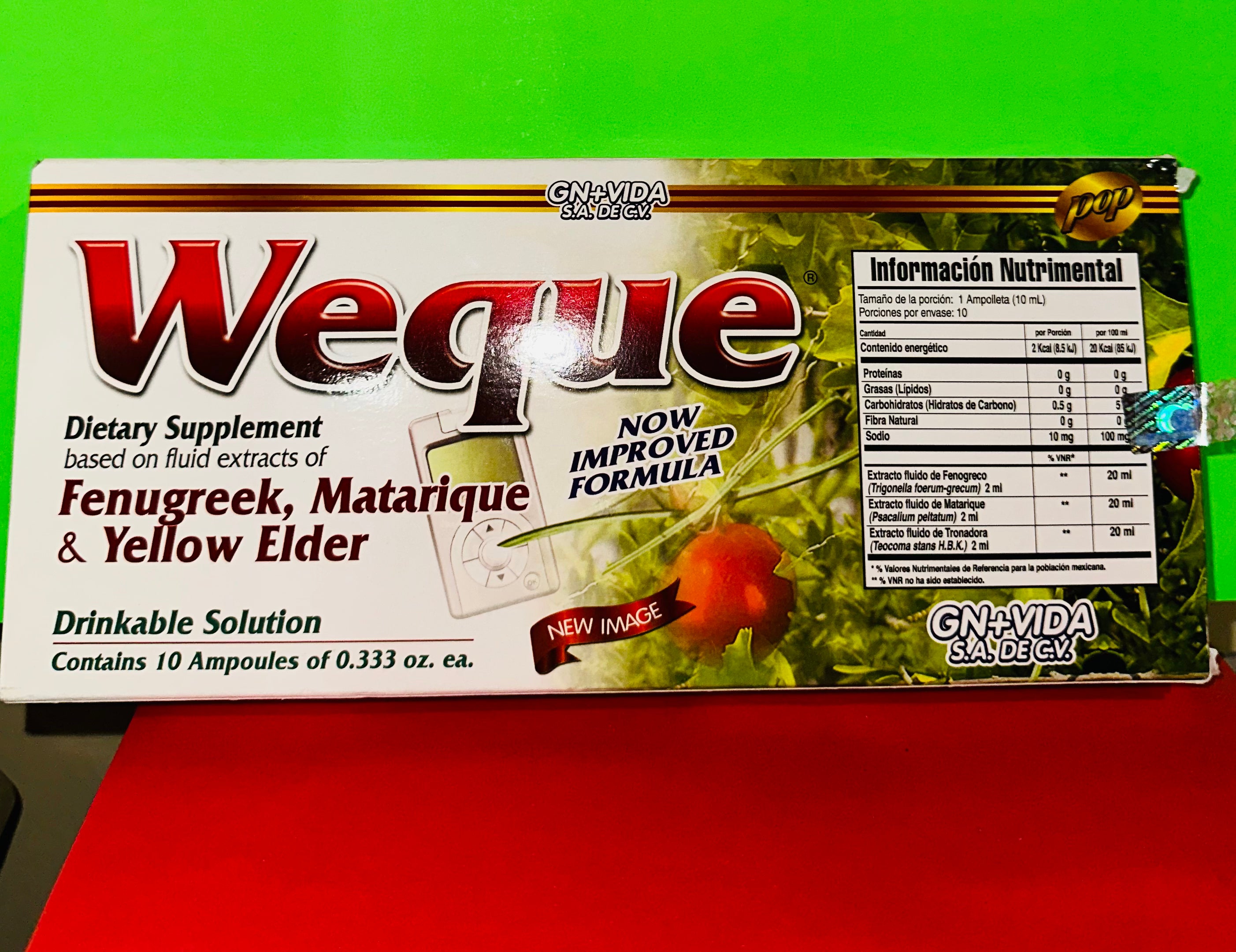 Weque dietary supplements, based on fluid extracts of Fenugreek, Matarique & Yellow Elder Drinkable solution 10 ampoules of 0.333 oz