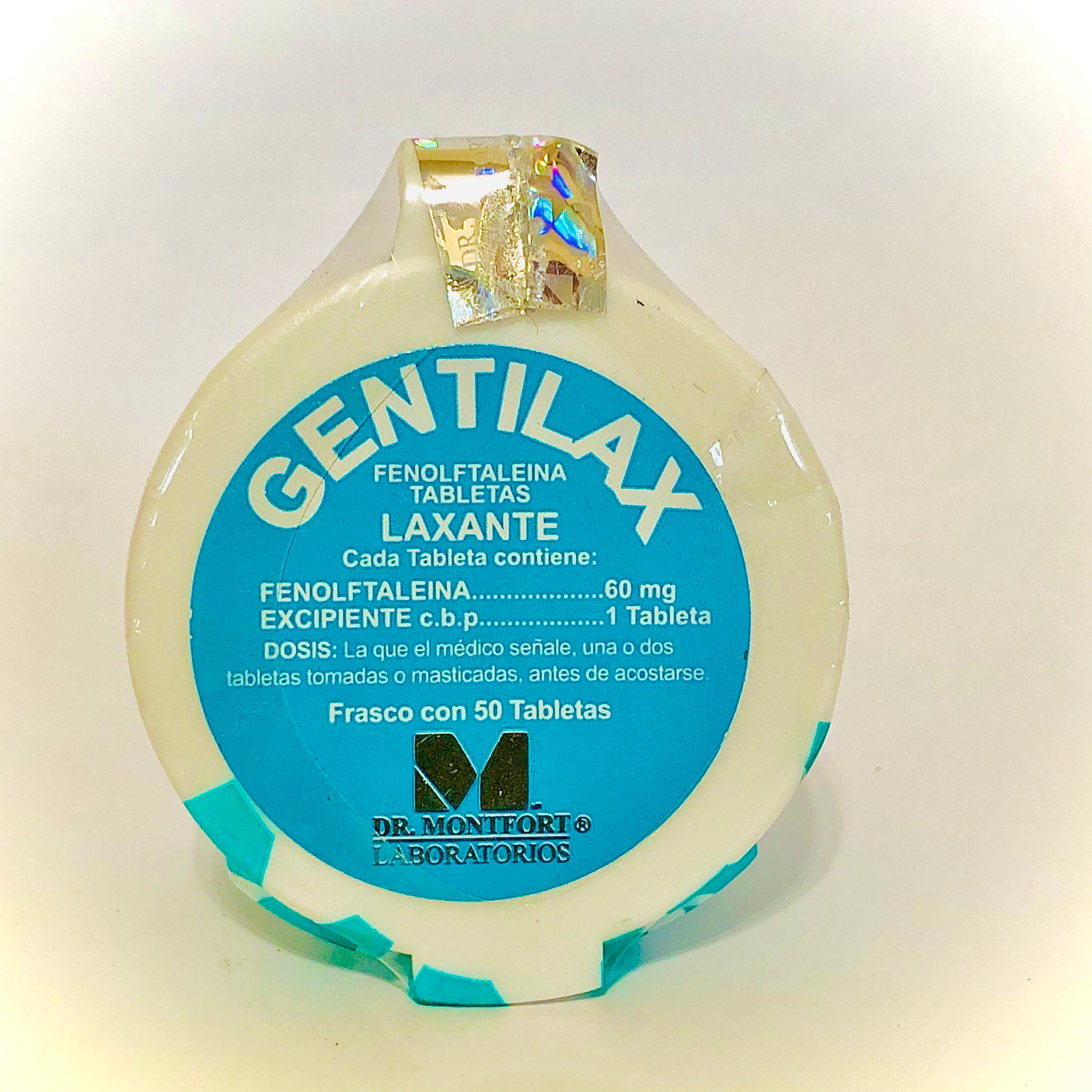 A bottle of Gentilax tablets with 50 tablets indicated for constipation relief.