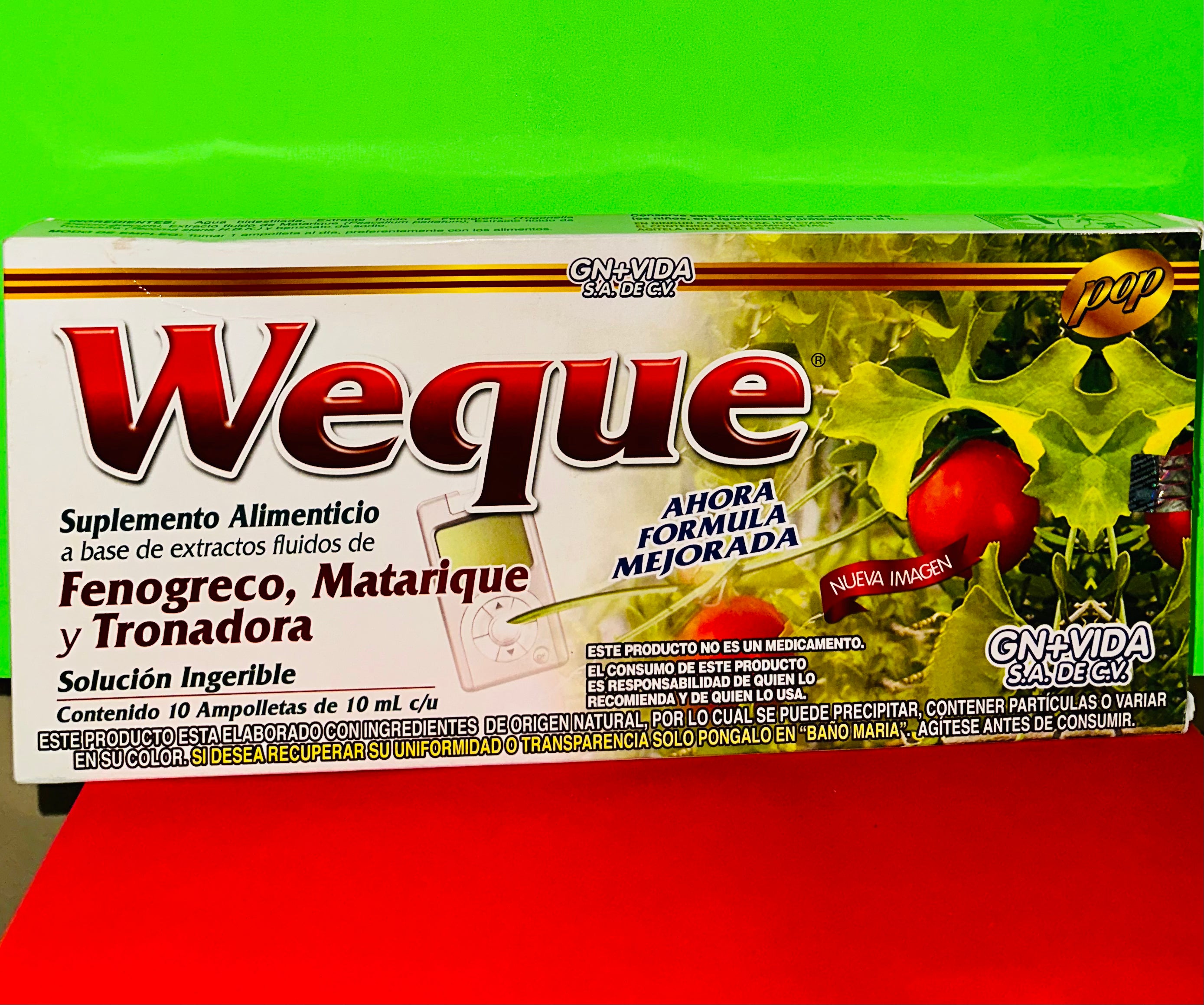 Weque dietary supplements, based on fluid extracts of Fenugreek, Matarique & Yellow Elder Drinkable solution 10 ampoules of 0.333 oz